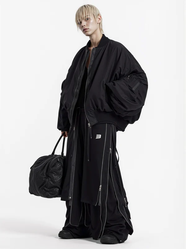 Model in Oversized Black Streetwear Outfit
