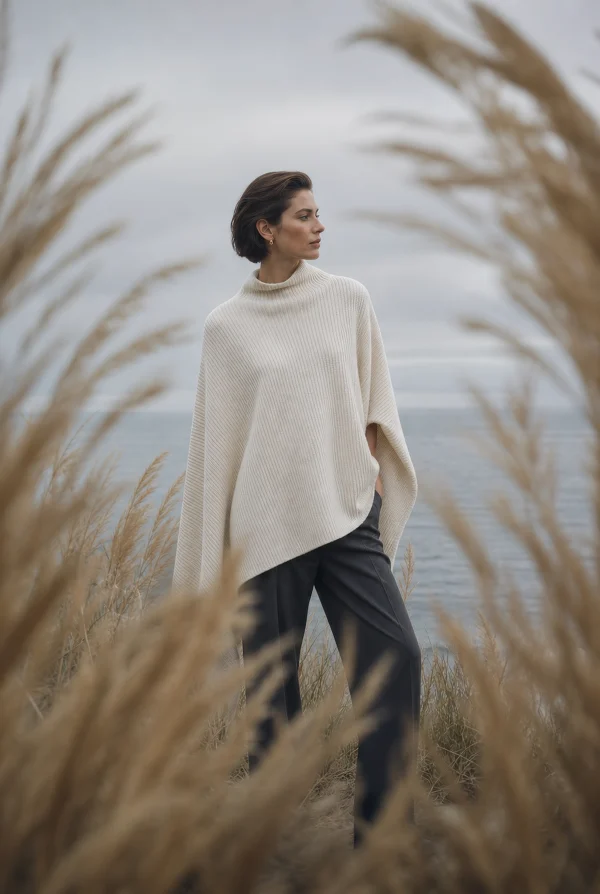 Woman in a Cream Poncho by the Coast