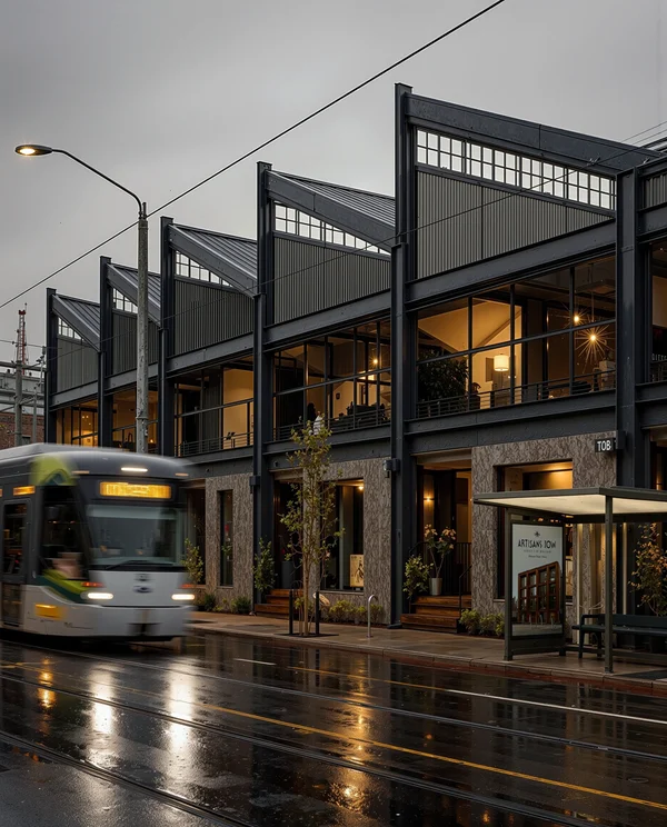 Modern Industrial Building with Passing Tram