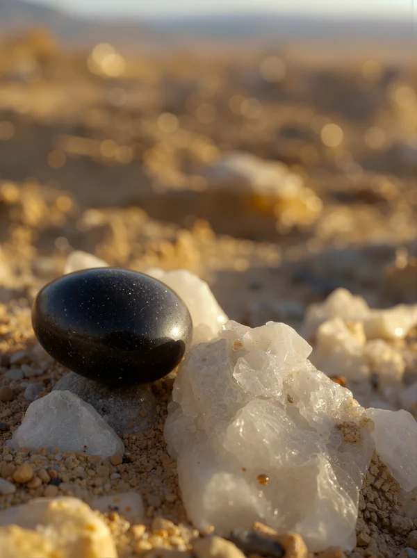A Polished Black Stone Among White Quartz Crystals