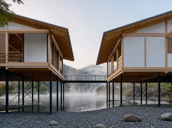 Modern Stilt Houses Over a Misty River