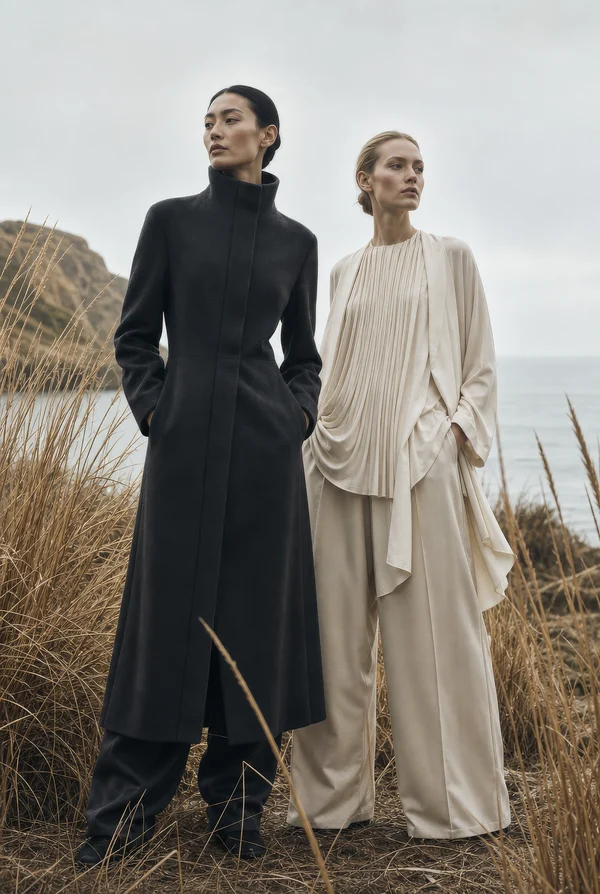 Two Models in Elegant Fashion by the Coast