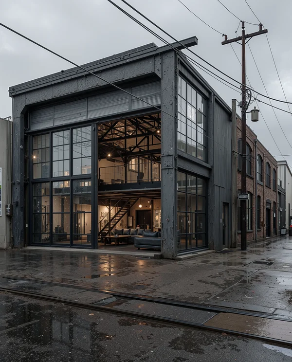 Industrial Loft Building on a Rainy Street