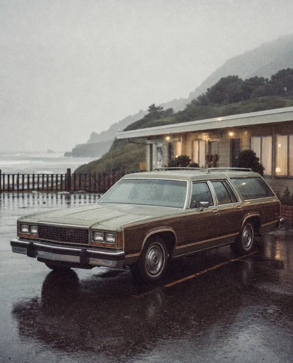 Vintage Station Wagon Parked in the Rain