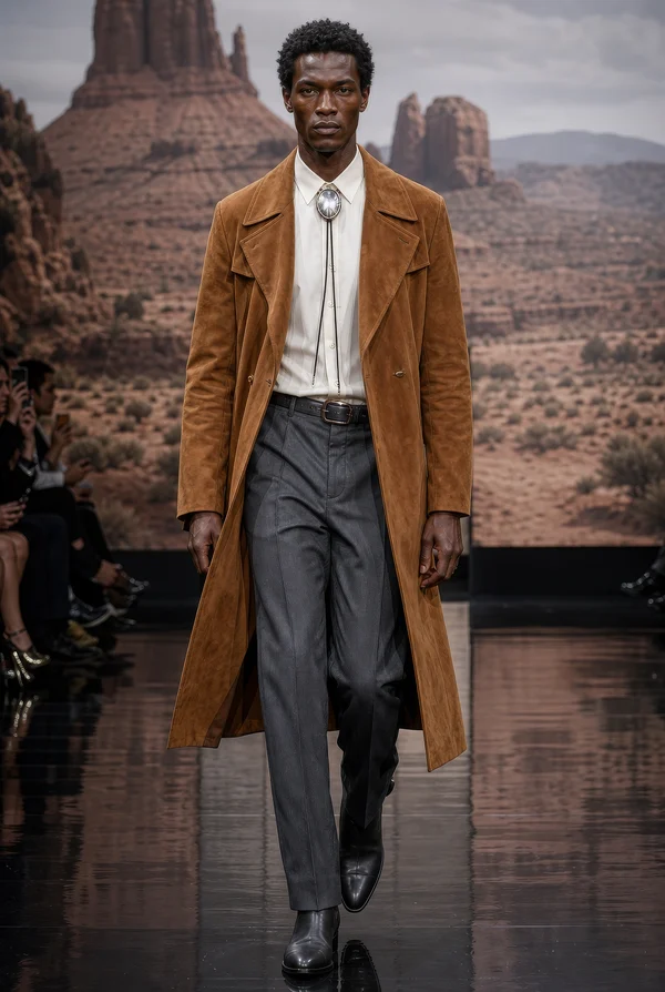 Runway Model in Western Inspired Suede Coat