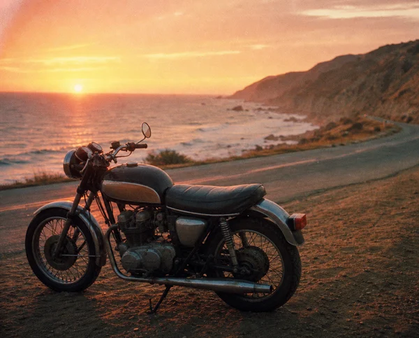 Vintage Motorcycle at Sunset by the Coast