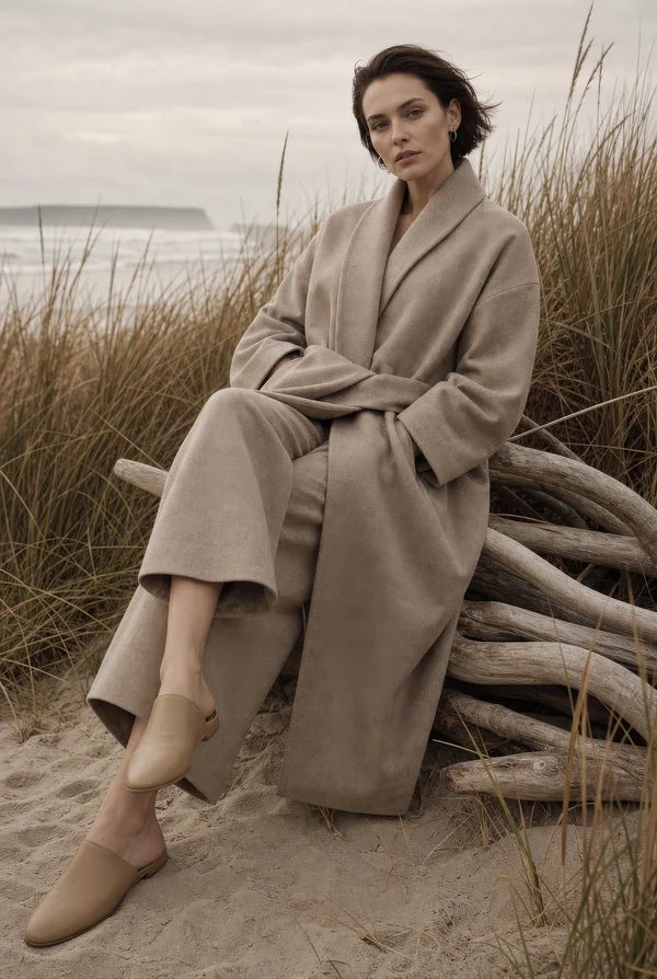 Woman in Neutral Coat Sitting on Beach Driftwood