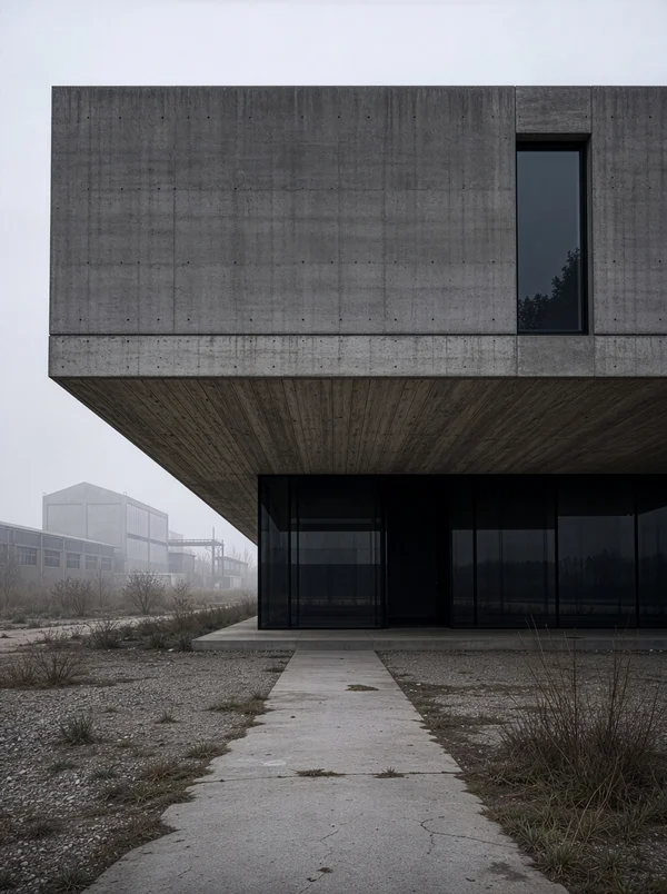 Modern Concrete Architecture in Foggy Landscape