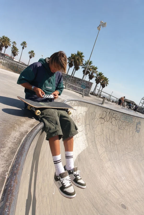 Skater sitting on the edge of a concrete bowl