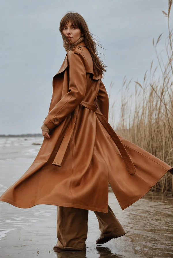 Woman in a Leather Trench Coat by the Shore