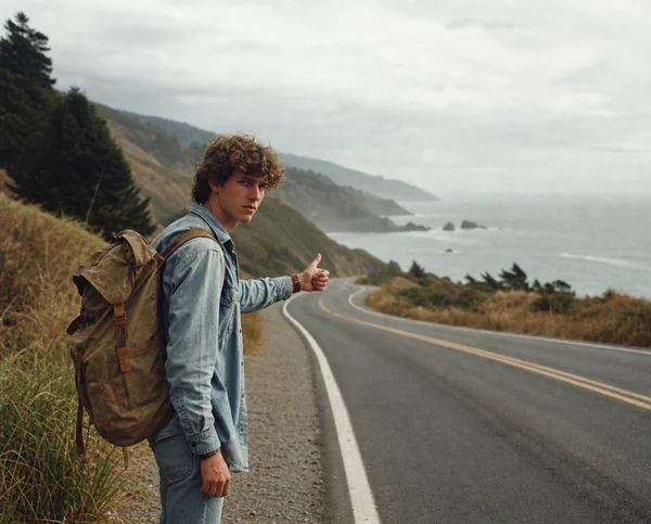 A Young Traveler Hitchhiking Along a Coastal Road