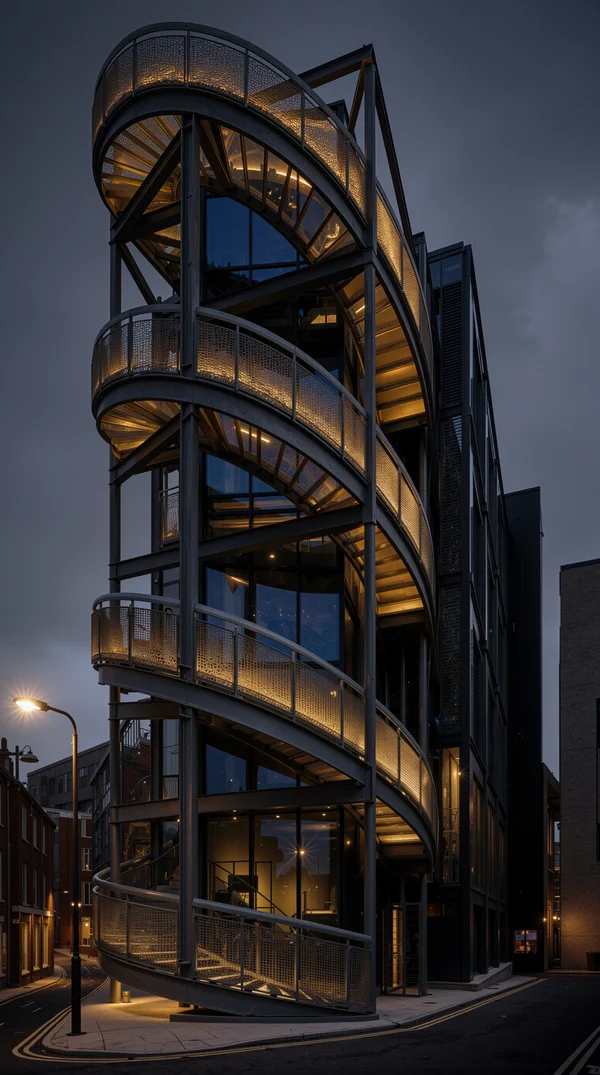Modern Spiral Staircase Building at Twilight