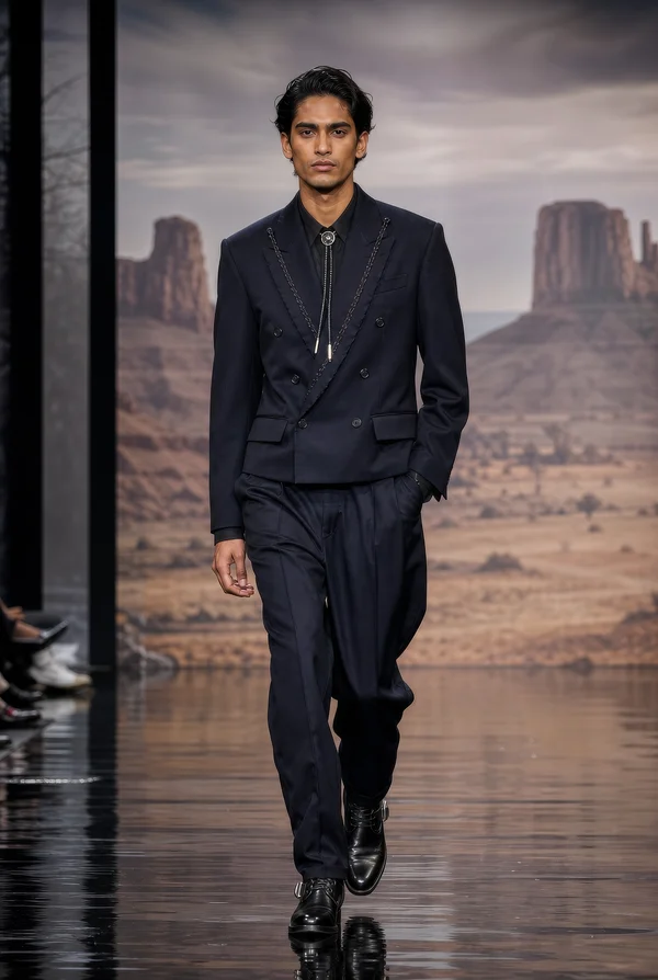 Model on Runway in Western Inspired Suit