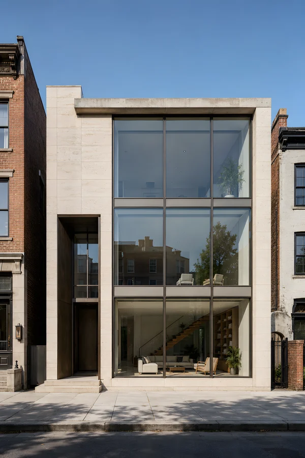 Modern Townhouse Facade with Large Glass Windows