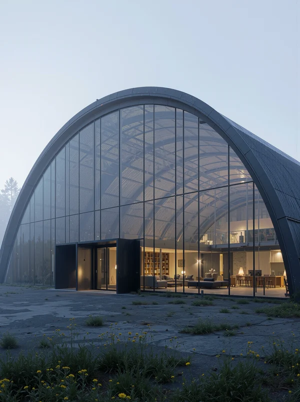 Modern Glass Arch Building at Twilight