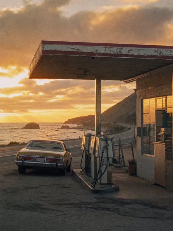 Vintage Gas Station at Sunset by the Coast