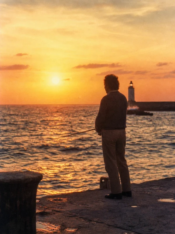 A Man Fishing at Sunset by the Lighthouse