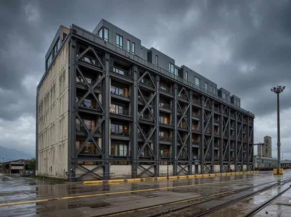Industrial Apartment Building on a Rainy Day