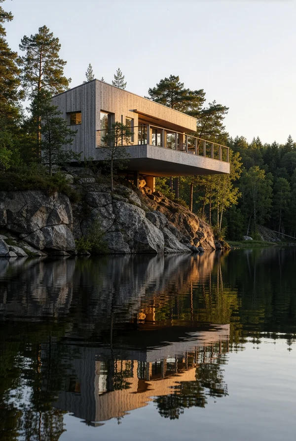 Modern Cabin Overlooking a Calm Forest Lake