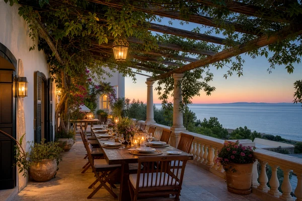 Mediterranean Terrace Dining at Sunset