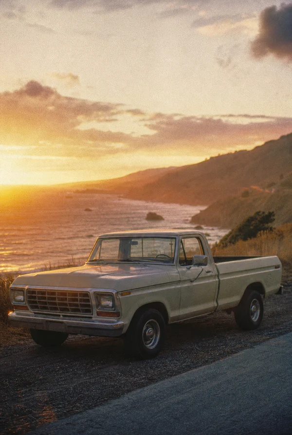 Vintage Pickup Truck at Sunset by the Coast