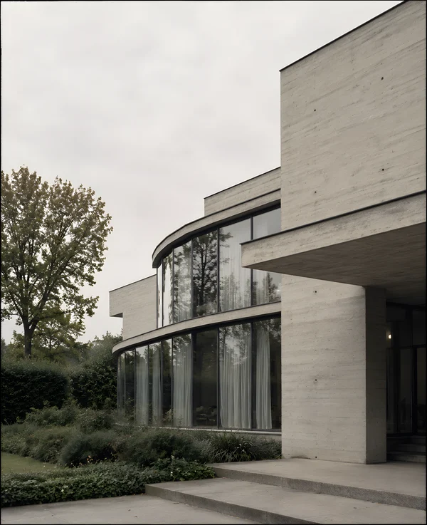 Modern Concrete House with Curved Glass Facade