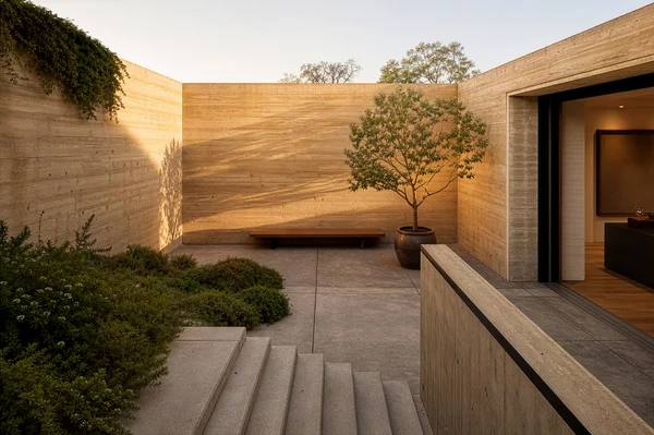 Modern Concrete Courtyard with Potted Tree
