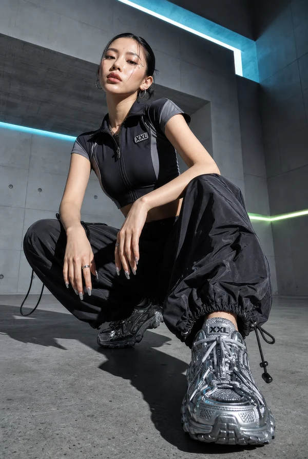 Fashionable Woman in Futuristic Sportswear