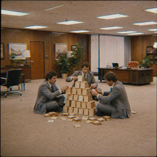 Businessmen Building a Bread Pyramid in an Office