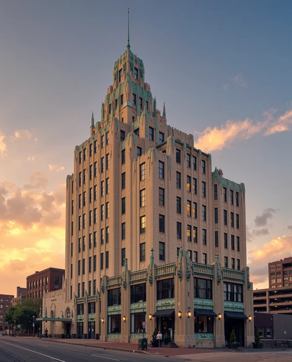 Art Deco Skyscraper at Sunset