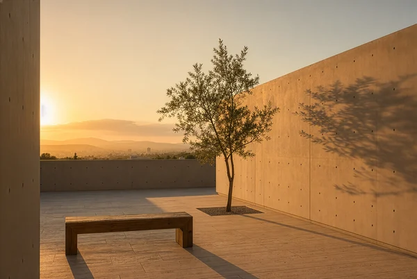 Minimalist Concrete Terrace at Sunset