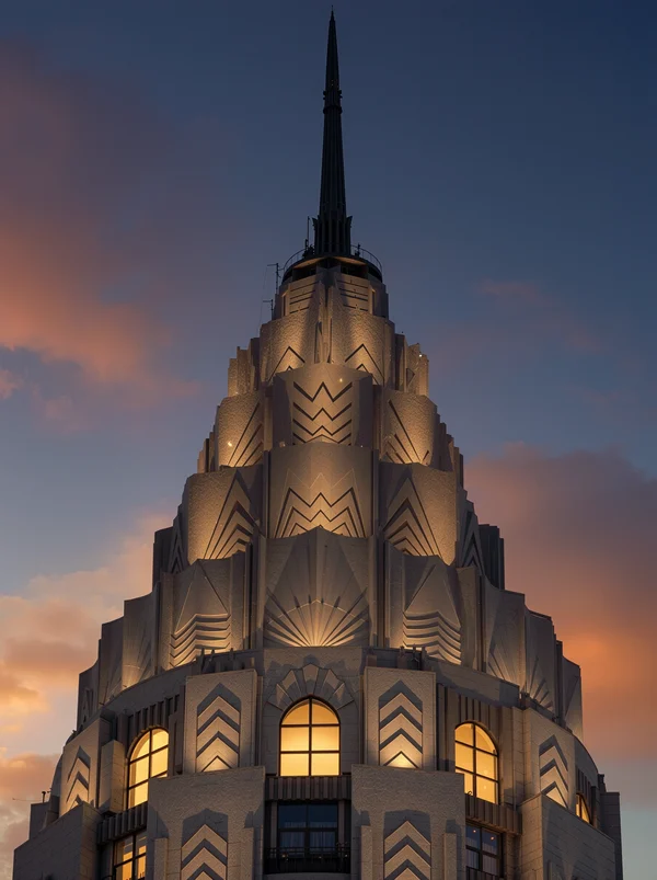 Art Deco Skyscraper Spire at Sunset