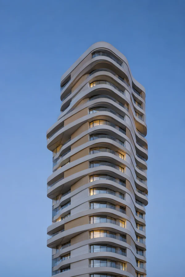 Modern Residential Skyscraper Against Blue Sky