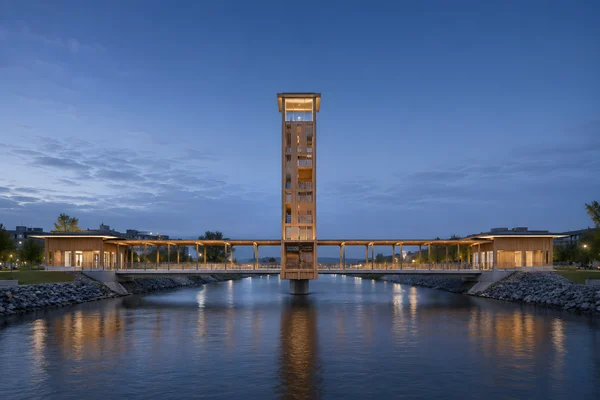 Modern Wooden Observation Tower Over River