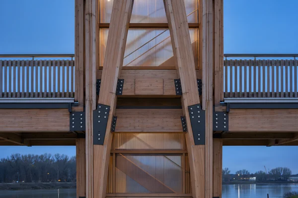 Modern Timber Bridge Structure at Twilight
