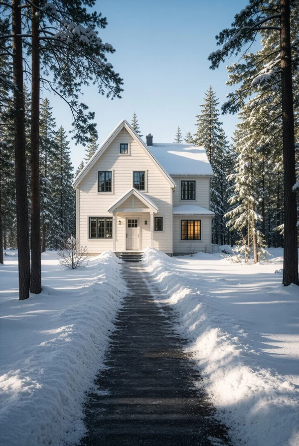 Cozy White House in a Snowy Pine Forest
