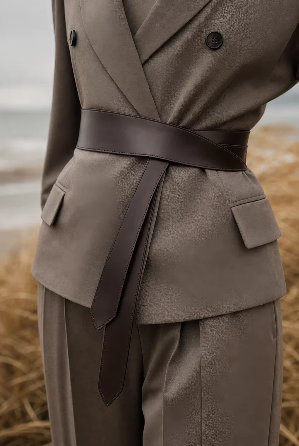 Elegant Taupe Suit with Leather Belt