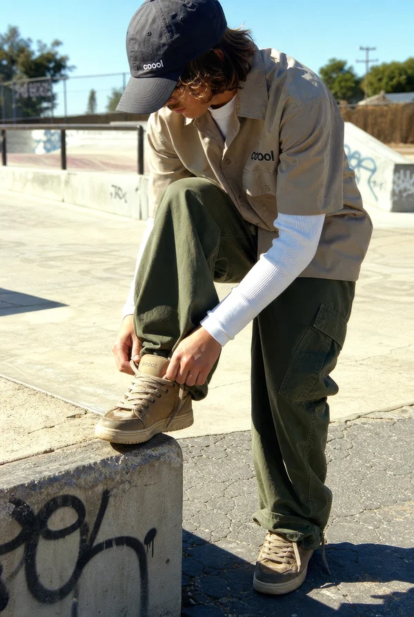 Skater Tying Shoes at a Concrete Skatepark