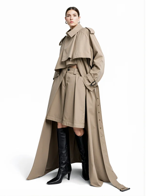 Model Wearing Beige Trench Coat and Black Boots