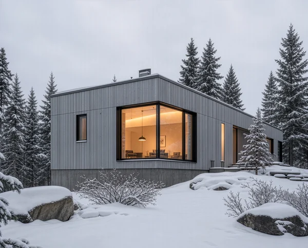 Modern Cabin in a Snowy Forest