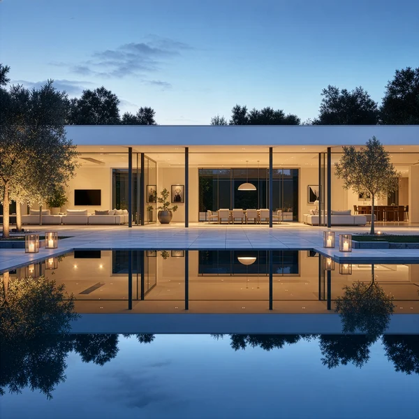 Modern Luxury Villa with Reflecting Pool at Dusk