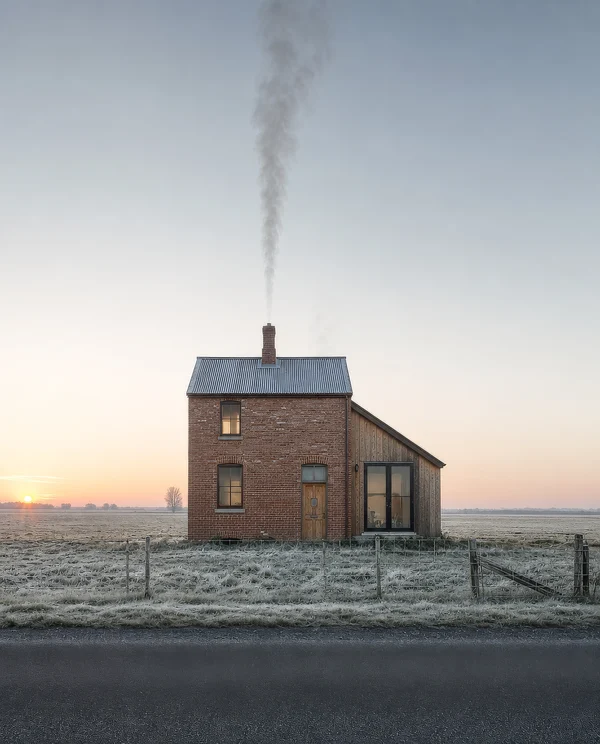 A Brick House in a Frosty Field at Sunrise