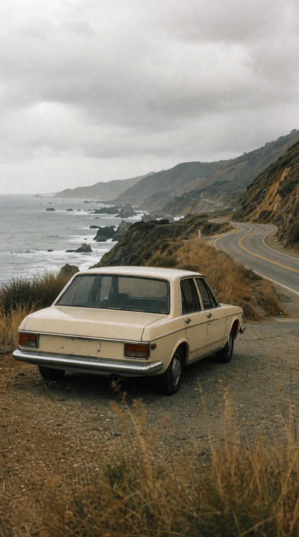 Vintage Car Parked on a Coastal Road
