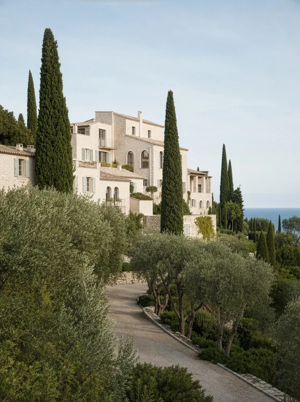 Mediterranean Stone Villa with Cypress Trees