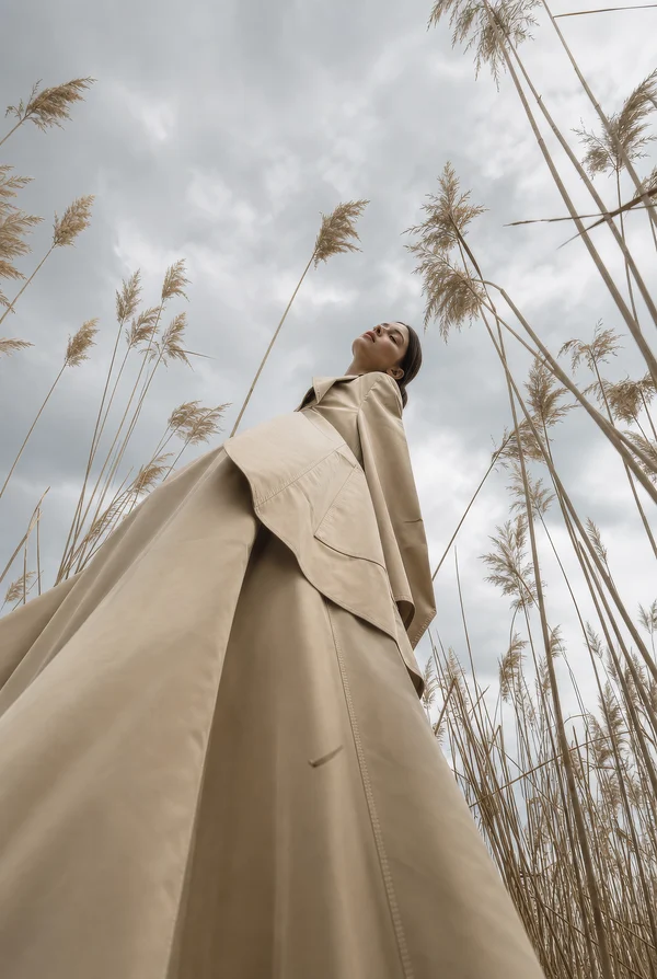 Woman in a Trench Coat Standing in Tall Grass
