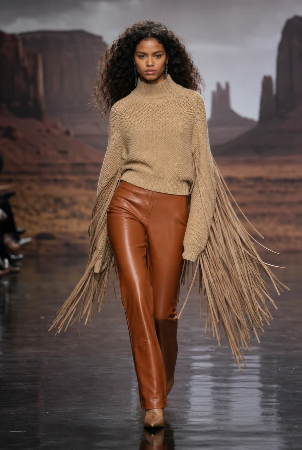 Model Wearing Fringed Sweater and Leather Pants