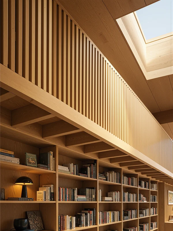 Modern Wooden Library Interior with Skylight
