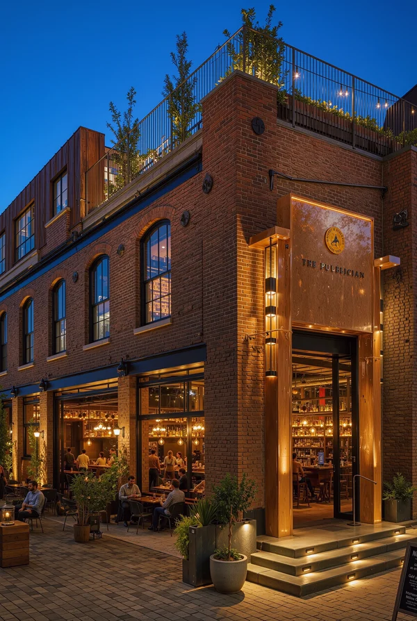 Evening Scene at a Modern Brick Pub