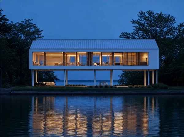 Modern Elevated Waterfront Home at Twilight