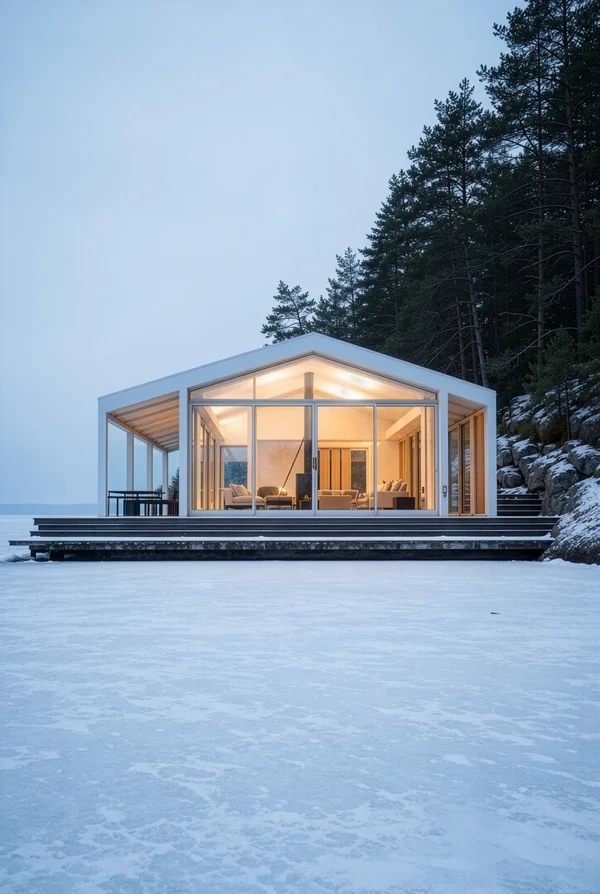Modern Glass Cabin on a Frozen Lake